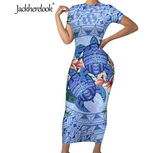 Jackherelook Polynesian Samoan Turtle Printing Elegant Work Short Sleeve O-Neck Bodycon Dresses Women Office Pencil Slim Dress
