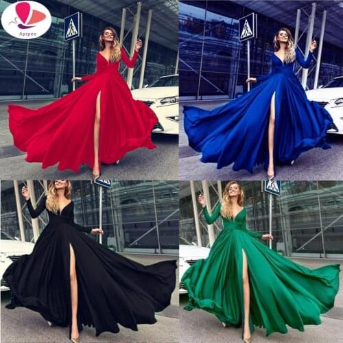 Women Sexy V Neck Long Sleeve Formal Maxi Dress V Neck Solid color Bandage Office Ladies Evening Party Prom Gown Dresses