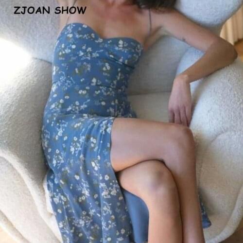 2021 Vintage Summer Blue Floral Print Adjust Spaghetti Strap Midi Dress Sexy Women Lacing Up Sling Slit Dresses French Rob3