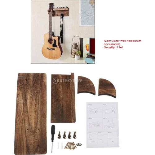 2 Set Rustic Wooden Wall Mount Guitar Holder Bracket Shelf with Pick Holder