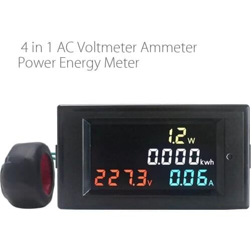 4 In 1 AC Voltmeter Ammeter Power Energy Meter AC 200.0-450.0V 0.01-100A HD Color Screen 180 Degrees LED