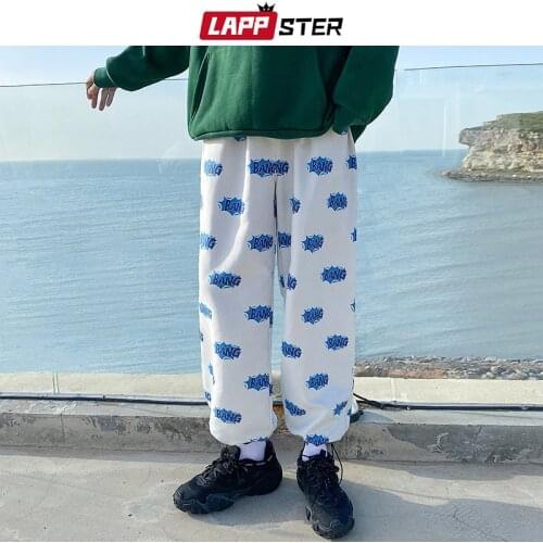 LAPPSTER Men Letter Harajuku Wide Leg Sweatpants 2021 Mens Japanese Streetwear Kpop Joggers Pants Man Causal Baggy Vintage Pants