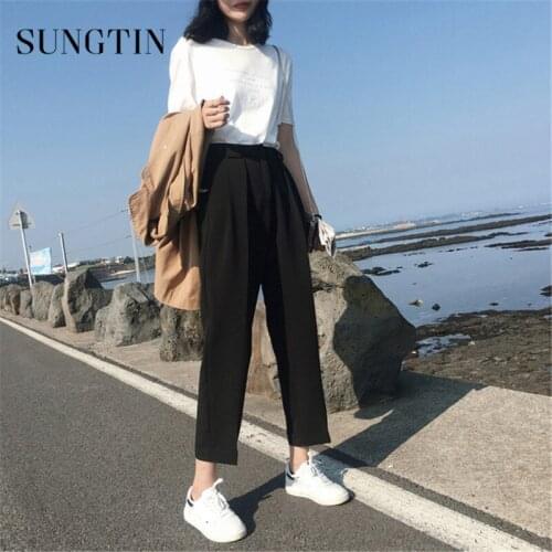 Sungtin Loose Plus Size Ankle Length Pants Women OL Elastic High Waist Black Harem Pants Female Casual Office Lady Trousers 5XL