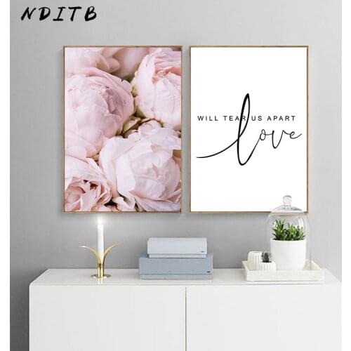 Blossoming Pink Peony Flower Poster Nordic Wall Art Botanical Print Love Quotes Canvas Painting Picture for Living Room Decor