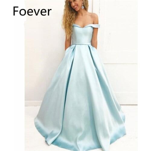 Elegant 2019 A-Line Off Shoulder Evening Dresses Long with Pockets Draped Satin Short Sleeve Formal Evening Party Dress