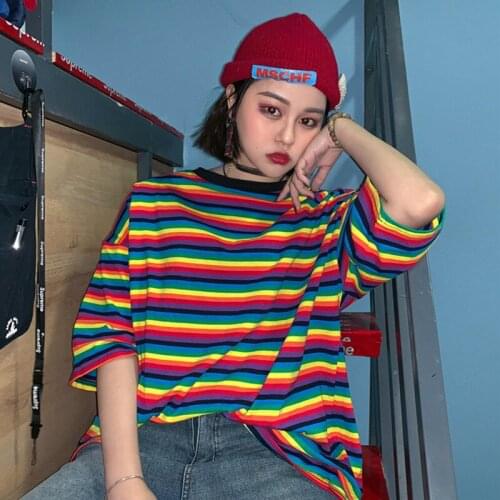 Rainbow Striped Women T Shirt CA O-Neck Short Sleeve Summer Ladies Tops Casual Female Tshirt Oversize Womens Tee Harajuku