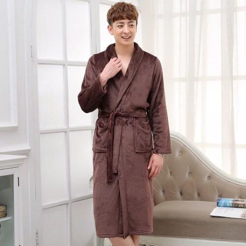 Men Women Long Silk Flannel Bath Robe Badjas Peignoir Homme Winter Coral Fleece Sleepwear Mens Kimono Bathrobe Dressing Gown