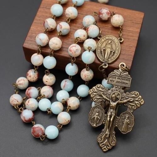 Stone Rosary Christian Bracelet Catholic Relics Ethnic Style virgen maria jesus cross rosarios catolicos Pendant jewelry gifts
