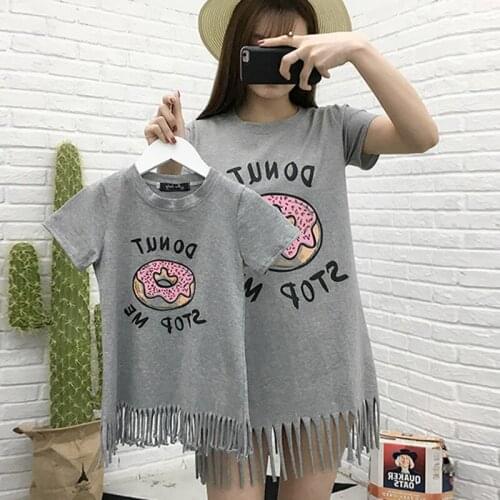 Summer Mommy And me Short Sleeve T-Shirt Family Matching Outfits Mother daughter 100% Cotton Tassel Clothes Vacation Dress E21