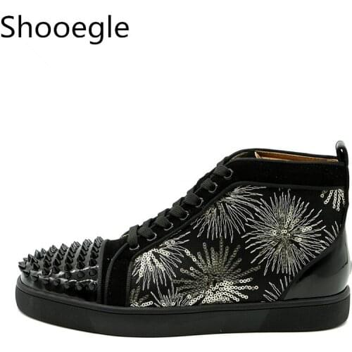 Men Casual Shoes Black Lace-Up Rivets Sneakers Shoes Sequins Firework Embroidery High Top Shoes for Men Leather Loafers