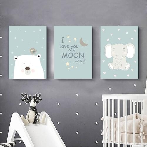 Nordic Poster Elephant Moon Canvas Painting Wall Art Baby Poster Nursery Poster Print Wall Pictures For Baby Boy Room Decor