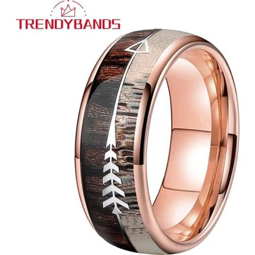 Dear Antler Ring Men Women Rose Gold Tungsten Wedding Rings With Zebra Wood Antler Arrows Inlay 8MM Comfort Fit