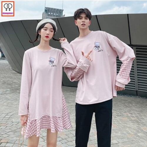 Matching Couple Clothes Lovers Valentines Days Pink Cute Patchwork Red Plaid Cotton Hoodies Sweatshirts