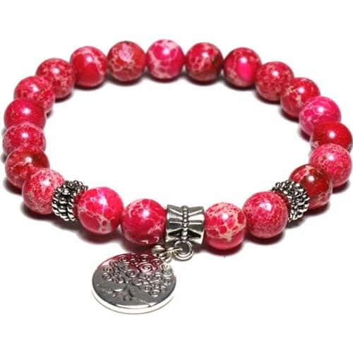Wholesale Rose Red Imperial Jaspers Tree Charms Life Bracelet Round Natural Stone Beads Jewelry Bracelets For Women Gift
