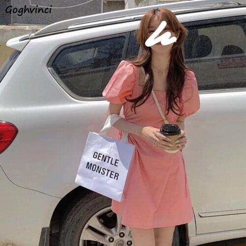 Dress Women Solid Lovely Candy Color Maiden Square Collar Sweet Mini Abdomen Sexy Puff Sleeve Trendy Girls Waist Hollow Out Ins