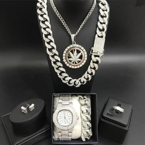 Hip Hop Men Cuban Neckalce Luxury Men Watch & Necklace & Braclete & Ring & Earrings Combo Set Ice Out Cuban In Crystal For Men
