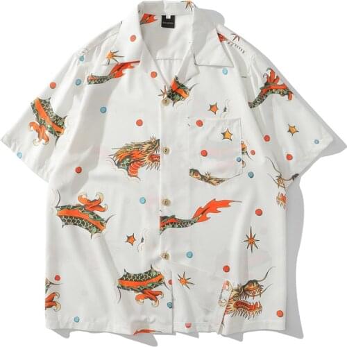 Korean Fashion Mens Shirts Chinese Dragon Printed Blouse Short Sleeve Shirt Loose Beach Mens Hawaiian Shirt