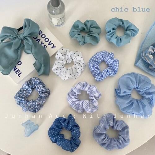 Milk blue series/Korea INS temperament sweet French Large intestine circlel Bear catching clipplaid hair rope hair accessories