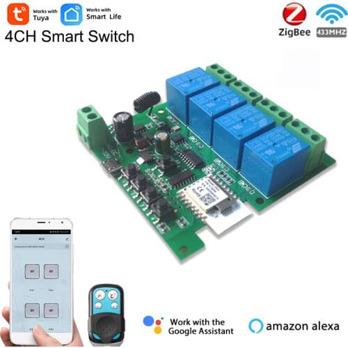 Tuya Zigbee 4CH Smart Switch for light/Motor,DC 5V 12V Module,10A Inching Relay,Alexa,Google Assitant