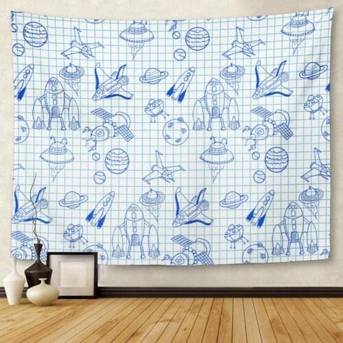 Sketch Vintage Doodle on Workbook Page of Spaceships Retro Tapestry Wall Hanging for Living Room Bedroom Dorm 50x60 inches