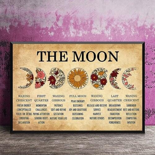 Vintage Wild Flower The Moon Horizontal Poster Print The Lunar Phase Canvas Painting Retro Wall Pictures for Living Room Decor