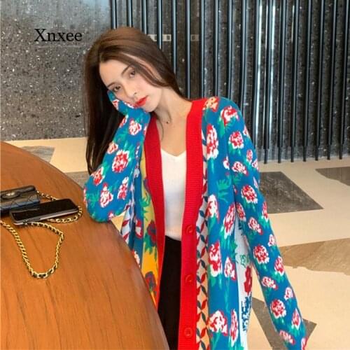Vintage Floral Print Knitted Cardigan New Loose Wear Korean Slim Spring and Autumn Thin Sweater Coat Fashion Elegant Clothing