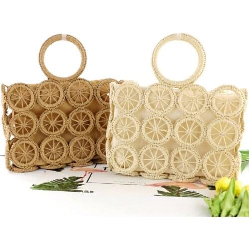 Women Beach Woven Straw Tote Bag Hollow Out Circle Pattern Top Handle Drawstring Handbag Summer Travel Vacation Purse