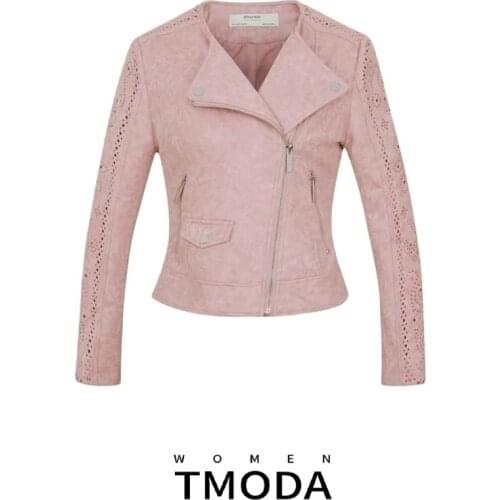 TMODA277 2021 Women Autumn Winter Suede Faux Leather Jackets Lady Fashion Hollow Out Motorcycle Coat Biker Pink Lace Outerwear