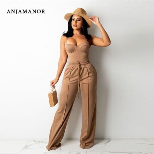 ANJAMANOR Sexy Two Piece Sets Womens Vacation Outfits Solid Corset Top with Wide Leg Pants Casual Matching Sets D91-DC47