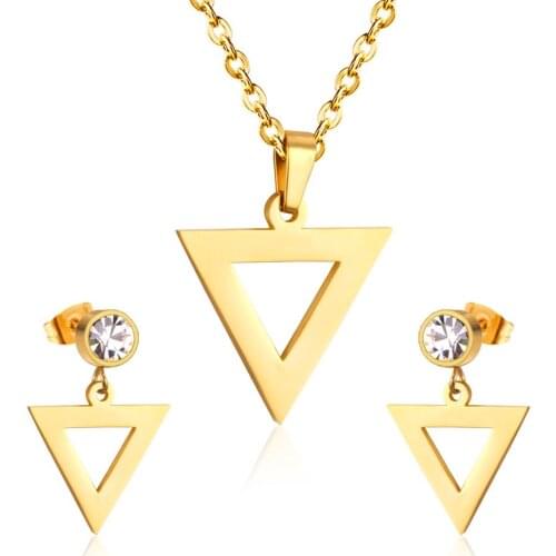 LUXUKISSKIDS Triangle Pendant Necklace Earrings Set For Women Gift Steel/Gold Color Fashion Jewelry Sets