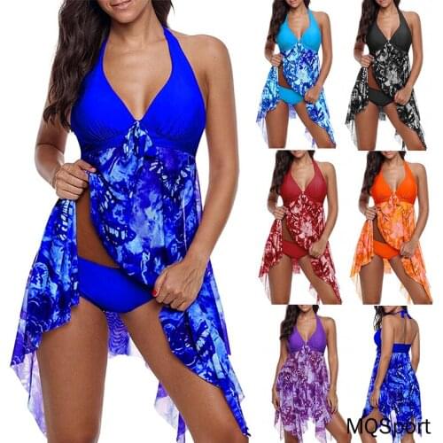 Women Summer Irregular Padded Swimwear Print Halter Swimming Dress Beach Wear Two Piece Swimsuit Bathing Suit Plus Size Tankini