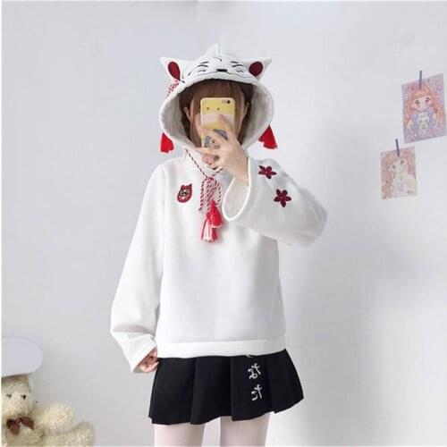 Harajuku Autumn Fashion Long Sleeve Crop Tops Women fox ear hooded Sweatshirts hoodies Patchwork Pullovers embroidery Hoodie