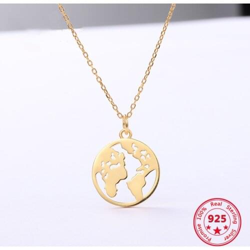 Korea New Style 925 Sterling Silver Necklace for Women Simple Fashion Chic Gold World Map Pendant Necklace Jewelry