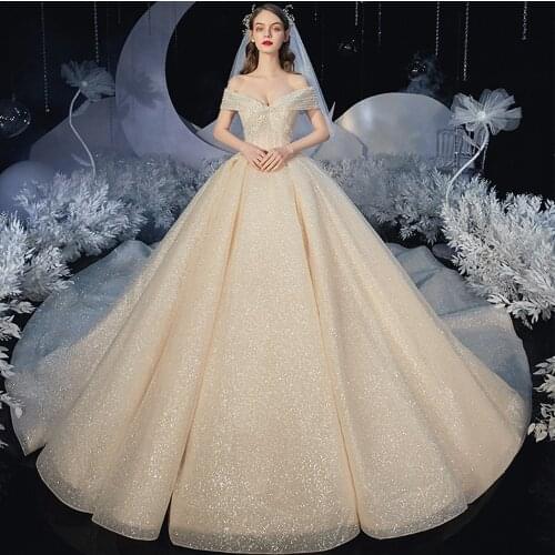 Off The Shoulder Short Sleeve Lace Up Back All Over Shiny Princess Ball Gown Wedding Dresses Plus Size Aliexpress Online Shop