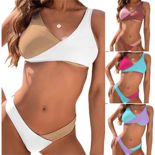 2Pcs Women Summer Bikini Contrast Color Cross V-Neck Padded Tops Low-Waist Briefs Swimsuit 4 Colors