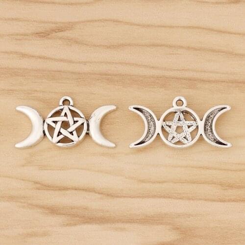 20 Pieces Tibetan Silver Triple Moon Pentagram Pentacle Charms Pendants Wicca Pagan 30x16mm