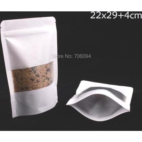 80PCS 22*29+4CM Zip lock Stand Up white kraft Bag with window 8.7''*11.4'' Moisture-barrier Food Kraft Bag