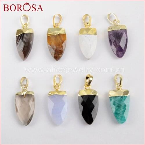 BOROSA 10PCS Gold Color Multi-kind Faceted Stones Shield Pendants Drusy Natural Stone Pendant Jewelry for Jewelry Making WX902