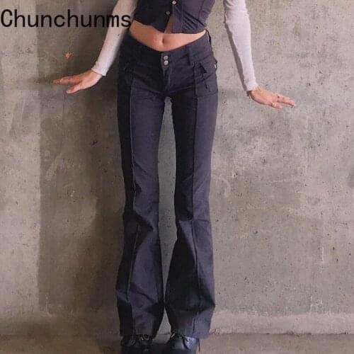 Women Indie Aesthetics Slim Low Waist Flare Pants Vintage Pockets Solid Y2K Cargo Pants Autumn Fashion Black Trousers 2021