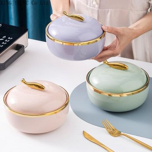 Household Ceramic Bubble Bubble with Cover Breakfast Bowl of Salad Bowl Nordic Home Tableware Supplies Gold Striped Bowl