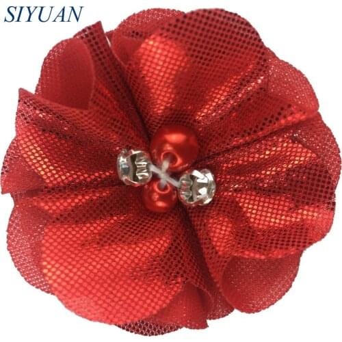 10pcs/lot Retail 2.2 inch Metallic Shiny Fabric Flower with Rhinestone Pearl with Hair Clip Kids Headdress Accessories TH235