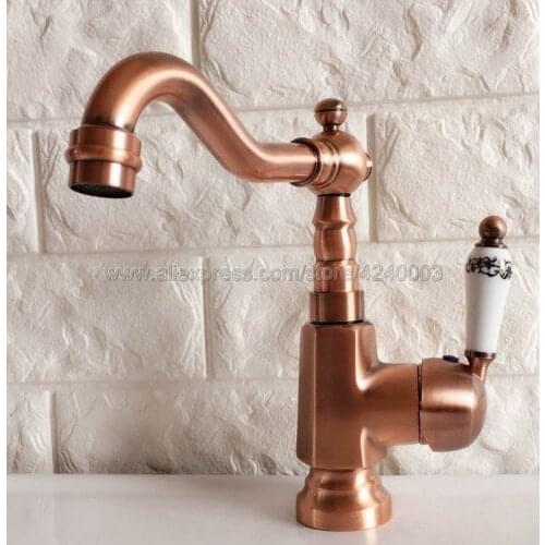Basin Faucet Antique Red Copper Ceramic handle Bathroom Sink Swivel Mixer Tap Hot and Cold Water faucets Knf398