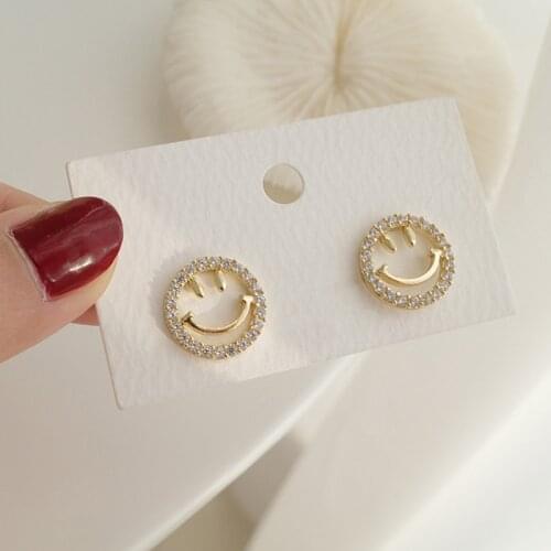 Fashion Classic Simple Lovely Hollow Smile Smiley Face Gold Color Micro Pave Zircon Jewelry Earrings for Women Girls Gifts