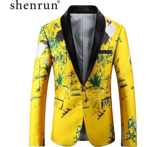 Shenrun Men Fashion Blazers Yellow Embroidery Digital Print Tuxedo Jackets Slim Fit Host Singer Suit jacket Shawl Lapel Costume