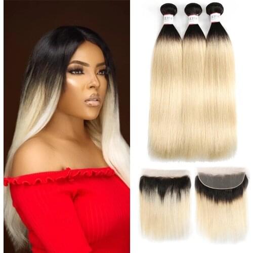 Ombre Blonde Straight Bundles With Frontal Honey 1B 613 Brazilian Remy Human Hair 3 Bundles With Lace Closure Frontal EUPHORIA