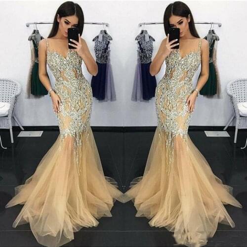 Luxury Champagne Sparkly Mermaid Prom Dresses Long 2021 vestidos de gala Beaded Sequins Imported Party Dress Evening Gowns