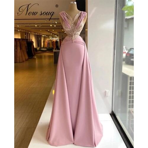 Dubai Middle East Pink Celebrity Dresses Beads Satin Mermaid Evening Gowns Handmade Crystal Saudi Arabia Party Dress 2021 Robes