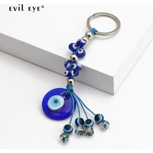 EVIL EYE Blue Turkish Evil Eye Beads Pendant Tassel Keychain Alloy Silver Color Car keyring Fashion Jewelry for Women Men BE151