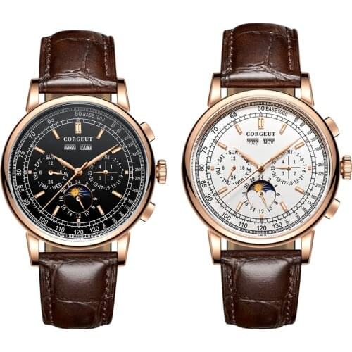 Top Corgeut 42mm mechanical wristwatches moon Phase rosegold White Dial Year Day Month Week 316L SS Case Automatic watch men