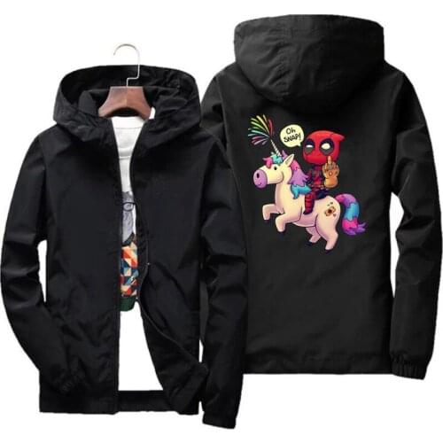 Mens Summer Spring Deadpool Unicorn Rainbow Dead Pool Pilot Windbreaker Zipper Thin Slim Fit Hooded Jacket Coat Oversized M-7XL
